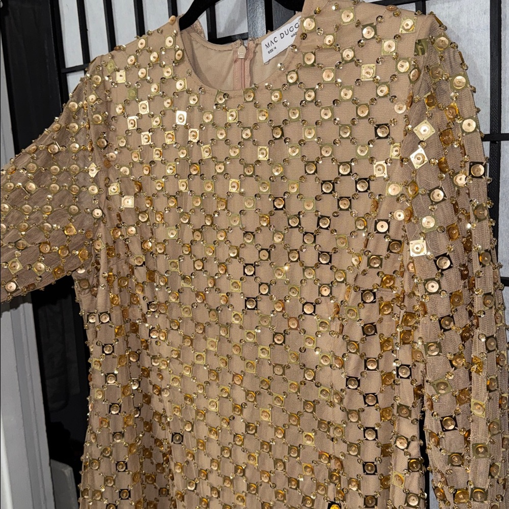 ✨ Mac Duggal Gold Beaded Georgette Long Sleeve Fitted Midi Dress ✨ size 14 - Picture 9 of 10